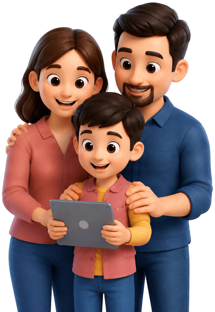 Family reviewing learning progress on a tablet