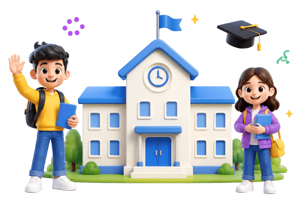 Students and school building illustration